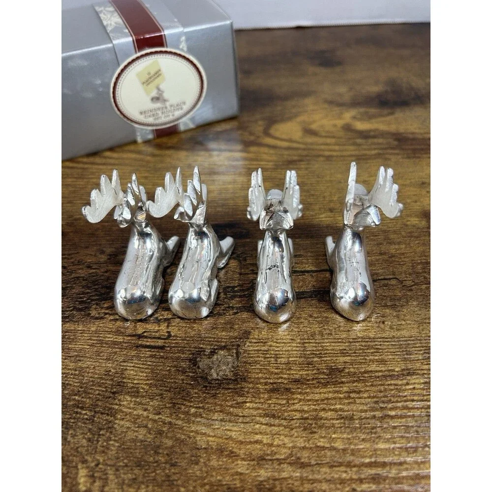 VTG Silver Plated Reindeer Place Card Holders Set of 4 with Blank Placecards